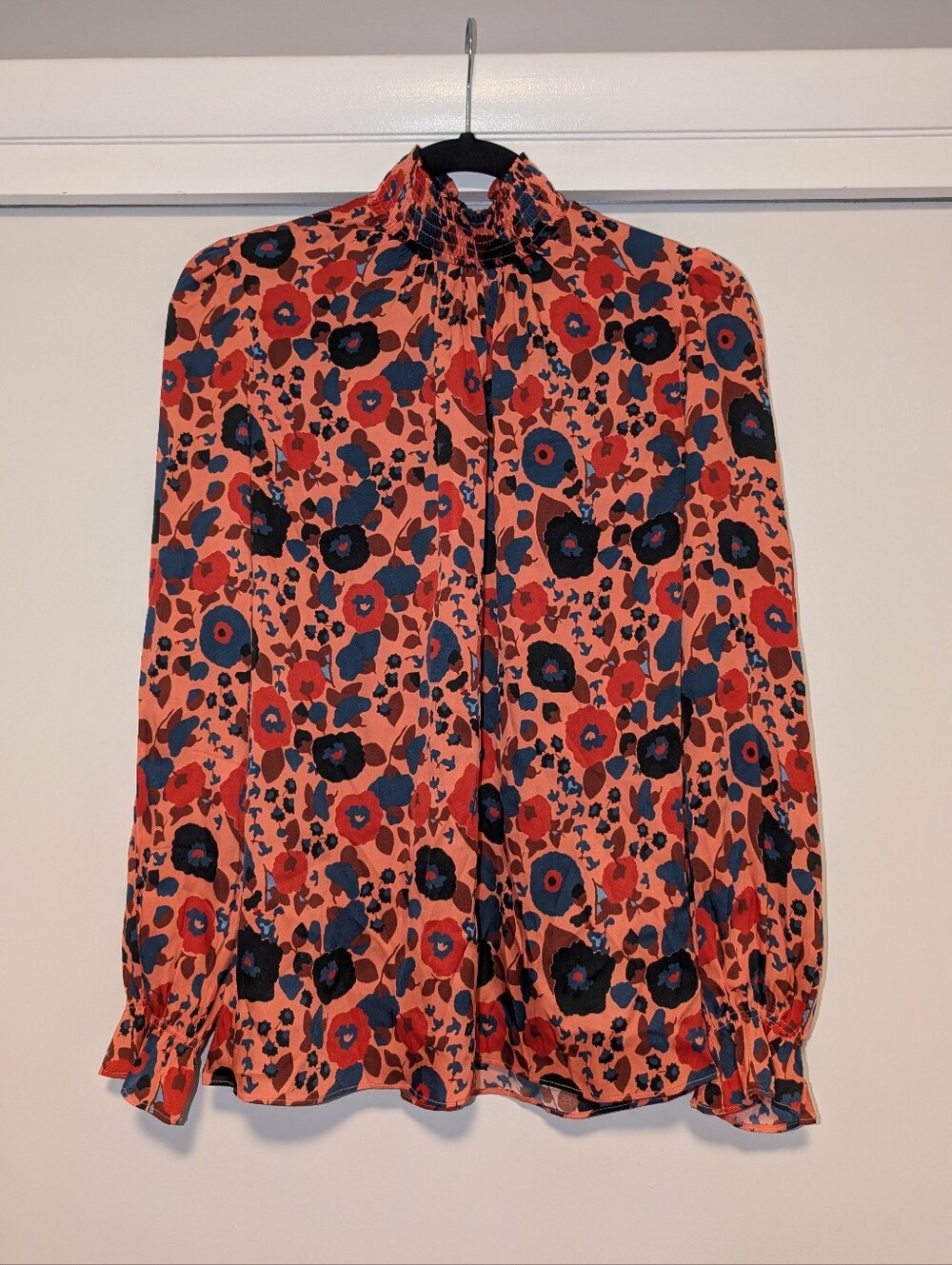 Tucker The Stella Top Orange Floral Silk Smocked Mockneck Long Sleeve Blouse
